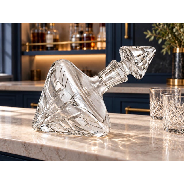 An eye-catching clear cut crystal decanter featuring a distinctive tilted silhouette, a broad rounded body tapering to a...