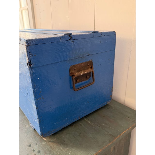 Vintage French Painted Cobalt Blue Trunk For Sale - Image 4 of 9
