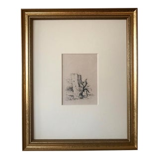Antique English Miniature Pencil Drawing Fence Post and Flowers 19th Century For Sale