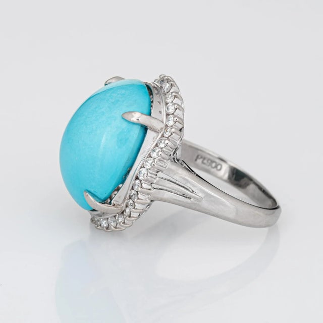 Mid 20th Century Egg Shell Blue Turquoise Diamond Ring Platinum Estate Large Cocktail Jewelry size 6 For Sale - Image 4 of 7