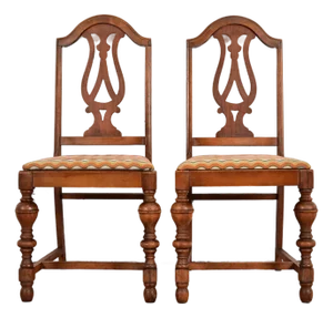 Berkey & Gay Style Antique English Jacobean Carved Walnut Side Chairs or Dining Chairs, Pair