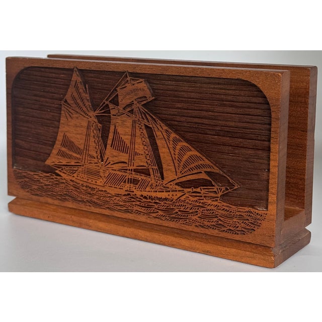 Quintessentially Mid-Century, here is a vintage American Walnut Lazer engraved sailing ship by Lasercraft. Functional as a...