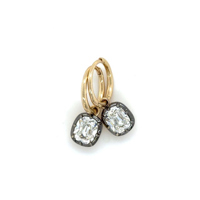Metal 3.00 Carats Old Mine Cut Diamond Drop Hoop Earrings, Pair For Sale - Image 7 of 9