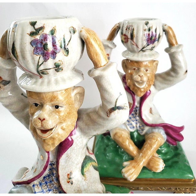 Large Pair Candlesticks Hand-Painted Porcelain Monkeys & Brass Ormolu Bases Signed Wong Lee For Sale In Miami - Image 6 of 14