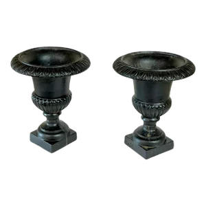 Pair Vintage French Black Cast Iron Garden Jardiniere Planters - Set of 2
