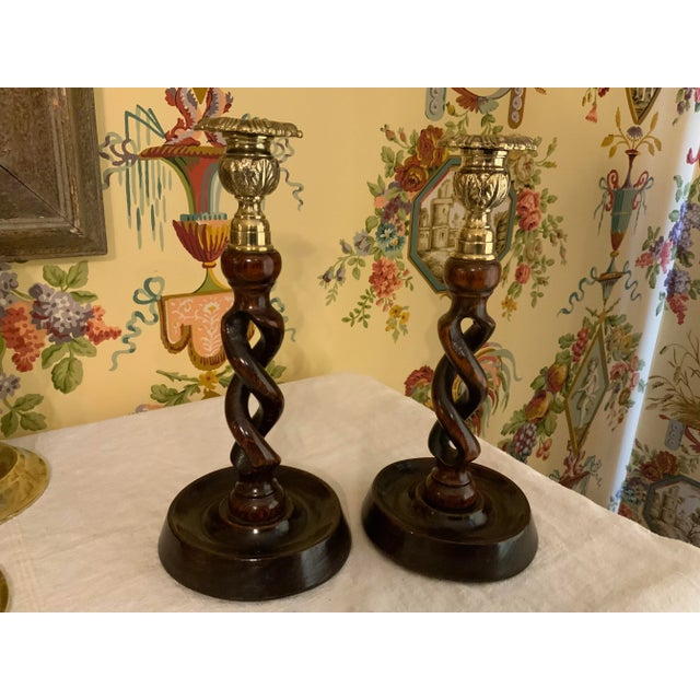 English English Victorian Oak & Brass Open Barley Twist Candlesticks Pair For Sale - Image 3 of 12
