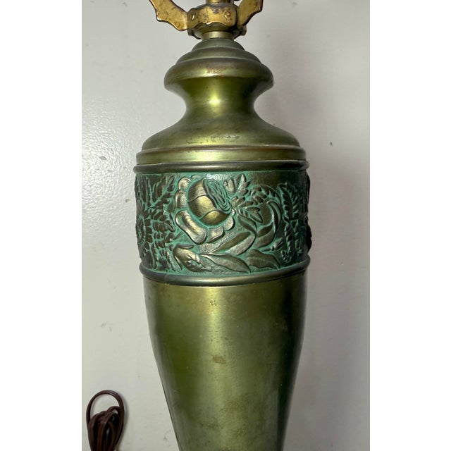 Antique Art Deco Green Pittsburg Hand Painted Glass Bronze Patinated Table Lamp For Sale - Image 10 of 14