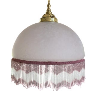 1920's Style Glass Pendant Shade With Beaded Fringe For Sale