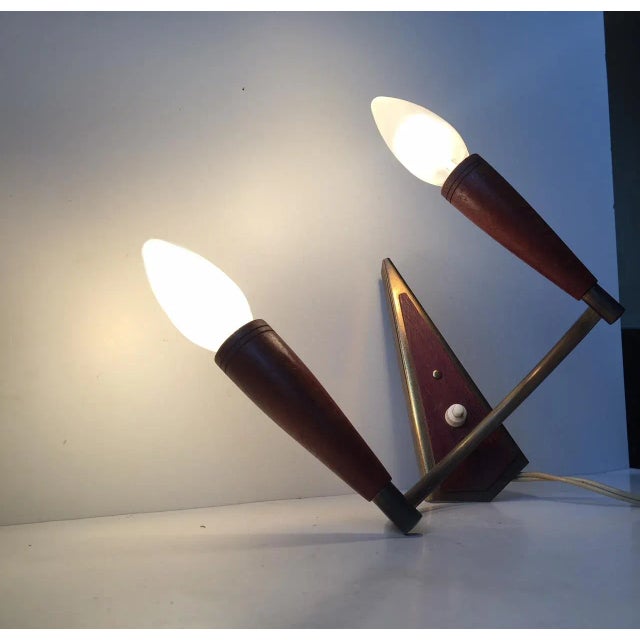 Mid-Century Danish Teak & Brass Double Sconce, 1950s For Sale - Image 4 of 7