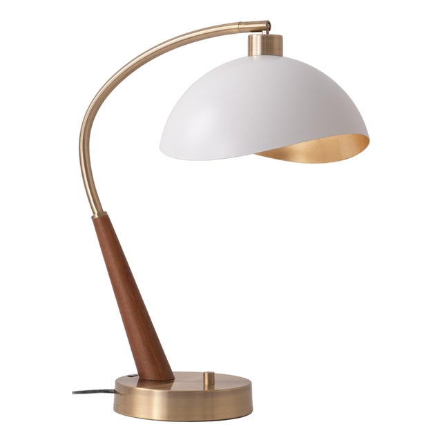 Luna Bella Boomerang Table Lamp - Walnut/Brass, White/Gold Shade For Sale