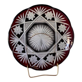 Antique Czech Bohemian Ruby Red Art Deco Hand Cut to Clear Crystal Plate Featuring Starburst Geometric Patterns , C. 1920 For Sale