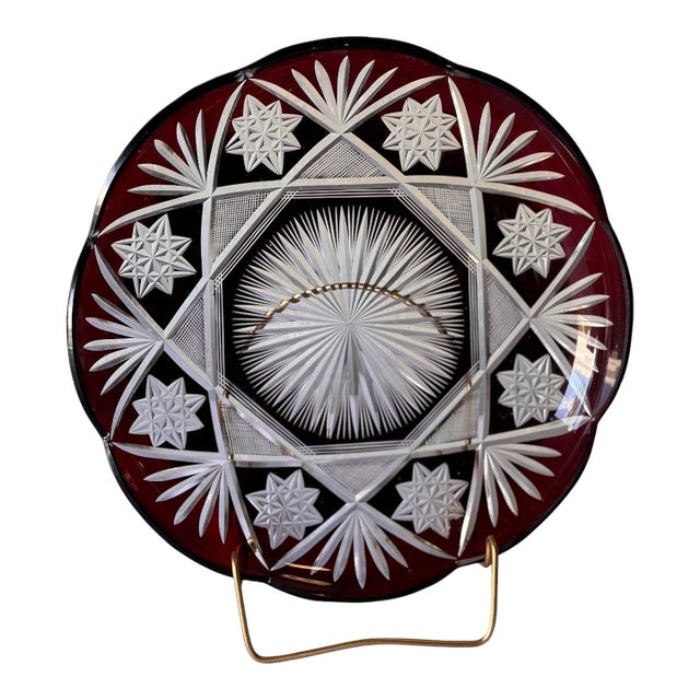 Antique Czech Bohemian Ruby Red Art Deco Hand Cut to Clear Crystal Plate Featuring Starburst Geometric Patterns , C. 1920 For Sale