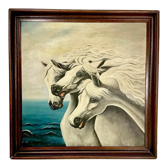 1940s Vintage Impressionist Mabel Mercer Original Oil Painting - Three American White Horses For Sale
