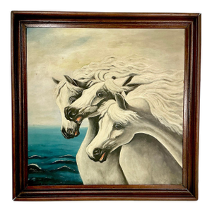 1940s Vintage Impressionist Mabel Mercer Original Oil Painting - Three American White Horses