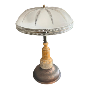 Art Deco French Inspired Alabaster Hammered Copper & Frosted Glass Dome Table Lamp, Circa 1930s