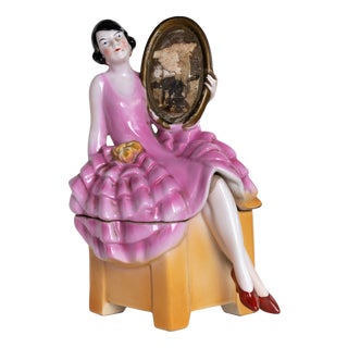 Art Deco Porcelain Powder Jewelry Box with Woman, 1930s For Sale
