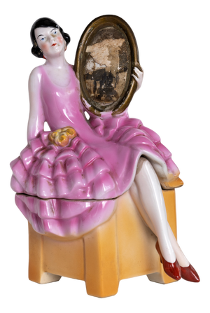Art Deco Porcelain Powder Jewelry Box with Woman, 1930s