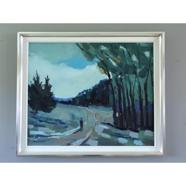 THE LONG TURN HOME Size: 22.8 x 27.2 inches (including frame) Oil on canvas An atmospheric and expressive mid-century...