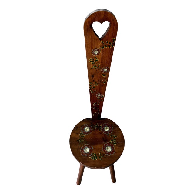 Vintage European Folk Art Hand-Painted Pine Stabelle Chair With Heart Cutout For Sale