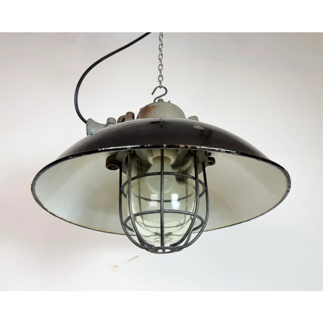 Glass Black Enamel and Cast Iron Industrial Cage Pendant Light from Elektrosvit, 1960s For Sale - Image 7 of 18