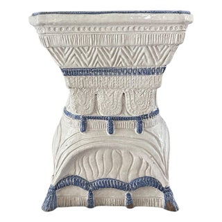 Vintage Italian Blue & White Glazed Terracotta Rope Tassel Ceramic Garden Stool, Circa 1960 For Sale