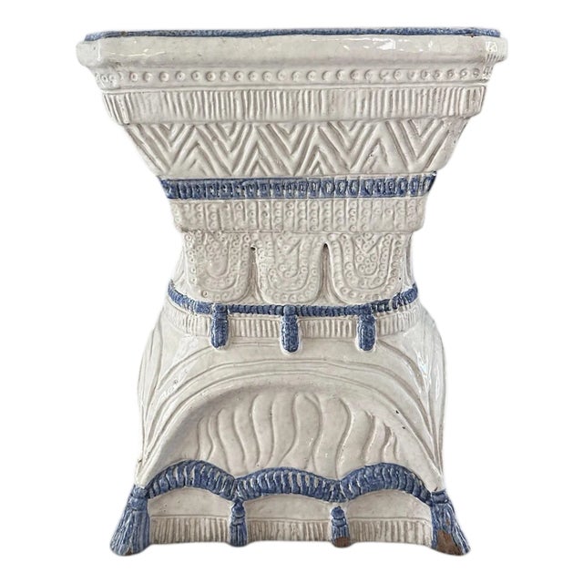 Vintage Italian Blue & White Glazed Terracotta Rope Tassel Ceramic Garden Stool, Circa 1960 For Sale