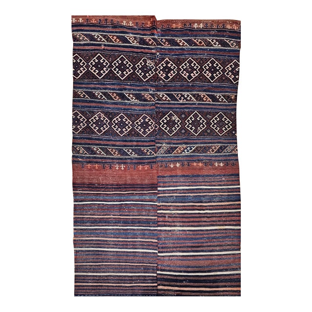 Vintage Turkish Kilim Rug, Handwoven Wool, Geometric Pattern, Indigo Blue & Rust-Red, 5x8 For Sale