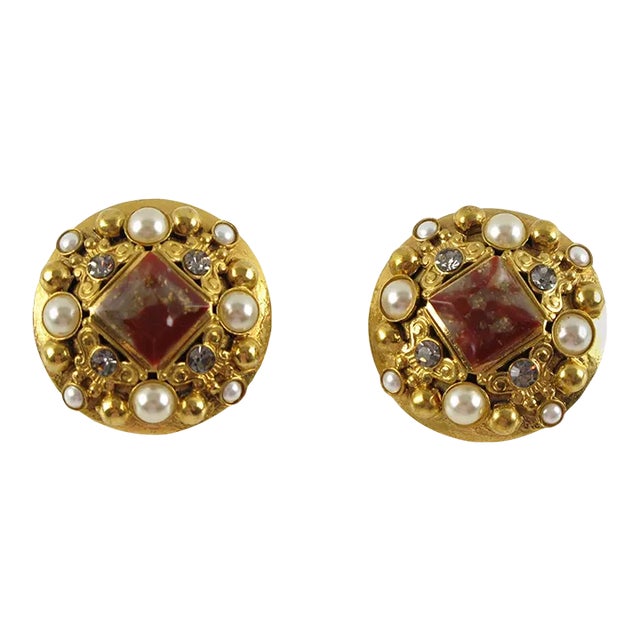 Henry Perichon Gilt Metal Jeweled Pair of Clip Earrings For Sale