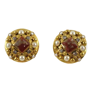 Henry Perichon Gilt Metal Jeweled Pair of Clip Earrings