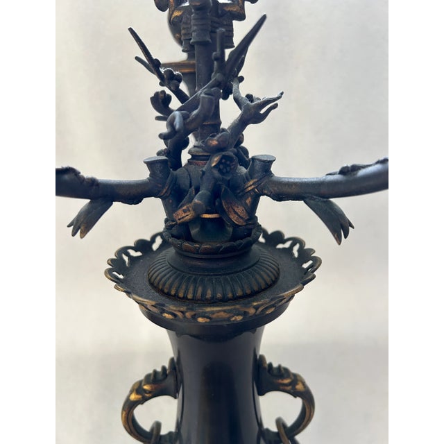 Early 20th Century Antique Ornate Chinese Bronze Four Armed Candelabra For Sale - Image 5 of 11
