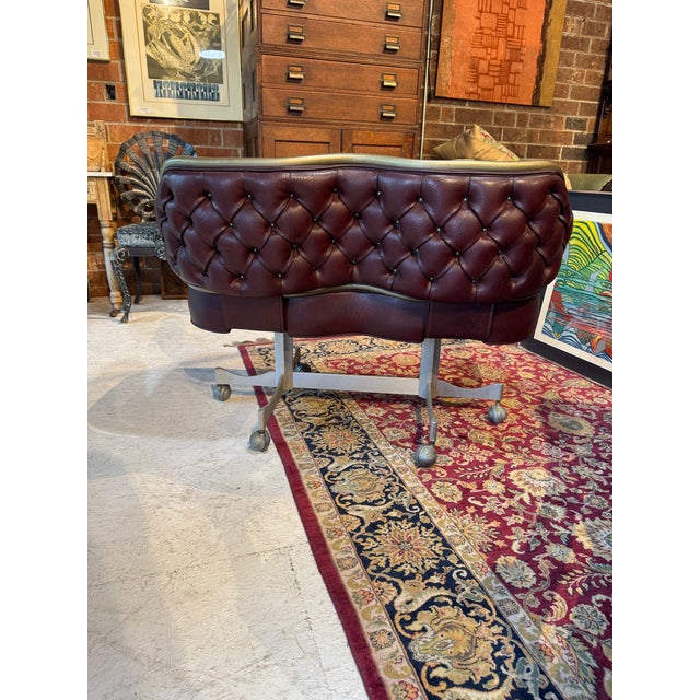 Animal Skin Vintage Industrial Gasser Chair Co. Rolling Settee in Burgundy Faux Leather For Sale - Image 7 of 12