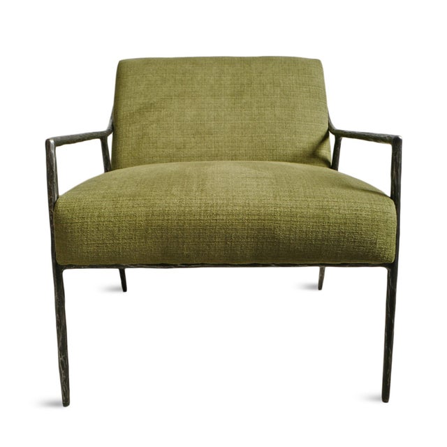 Modern soft fern green upholstered chair with hand forged iron frame. This beautiful chair is inspired by mid-century...