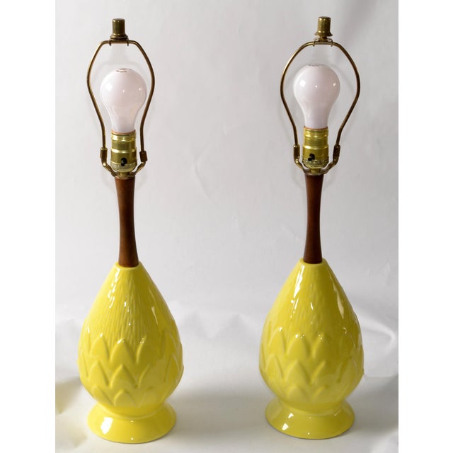 Mid-Century Modern 1970s Pair, Vintage Eames Era Ceramic Pineapple Shape Walnut Neck Table Lamps & Shades For Sale - Image 3 of 12