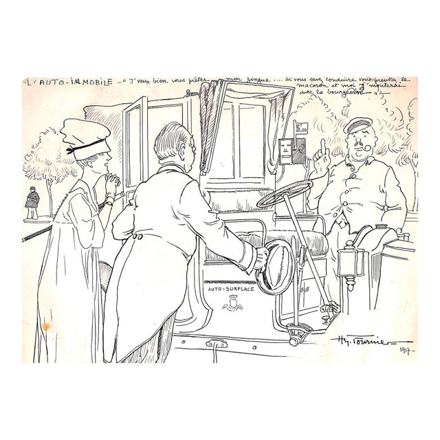 1910s Original Pen & Ink Drawing "L Auto-Immobile" For Sale