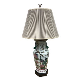 Chinese Famille Rose Table Lamp With Pleated Shade For Sale