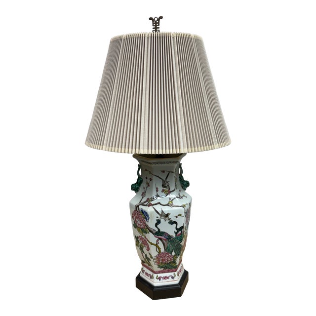 Chinese Famille Rose Table Lamp With Pleated Shade For Sale