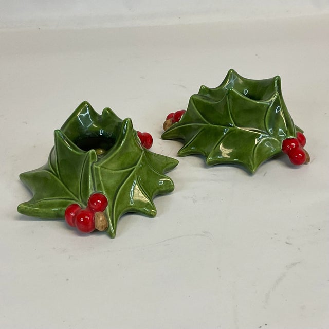 1960s 1963 Folk Art Americana Christmas Ceramic Holly Candle Holders, Artist Signed - a Pair For Sale - Image 5 of 12