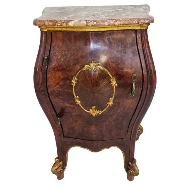 Pair Antique 1900s Italian Bombe Nightstands Marble Tops Burl Walnut With Gilt Wood Accent For Sale - Image 4 of 12