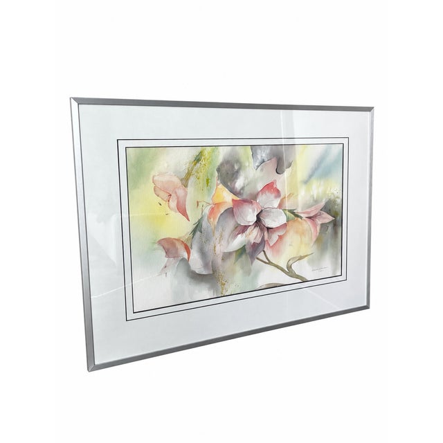 1989 Signed Abstract Floral Watercolor in New Silver-Tone Frame For Sale - Image 10 of 16