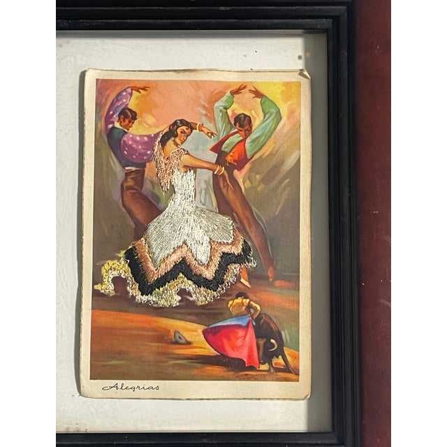 Spanish Pair Antique Spanish Embroidered Flamenco Dancers Postcards Framed For Sale - Image 3 of 7