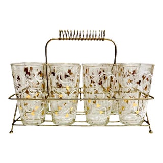 Hazel Atlas Bleeding Heart High Ball Glasses in Gold Toned Caddy - Set of 8 Plus Rack For Sale