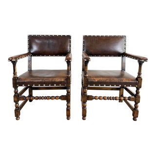 Vintage Gothic Style Leather and Wood Chairs, a Pair For Sale