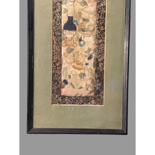 Antique Chinese Framed Silk Embroidery Panel With Flowers Vases & Butterflies For Sale - Image 4 of 6