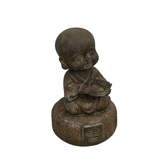 2020s Oriental Gray Stone Little Lohon Monk Reading Book Statue For Sale - Image 5 of 8