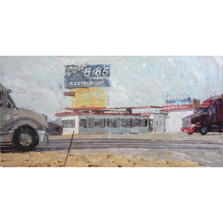 Meditation on Impermanance by Clyde Steadman | Oil on panel Truck stop scene with diners and signs For Sale