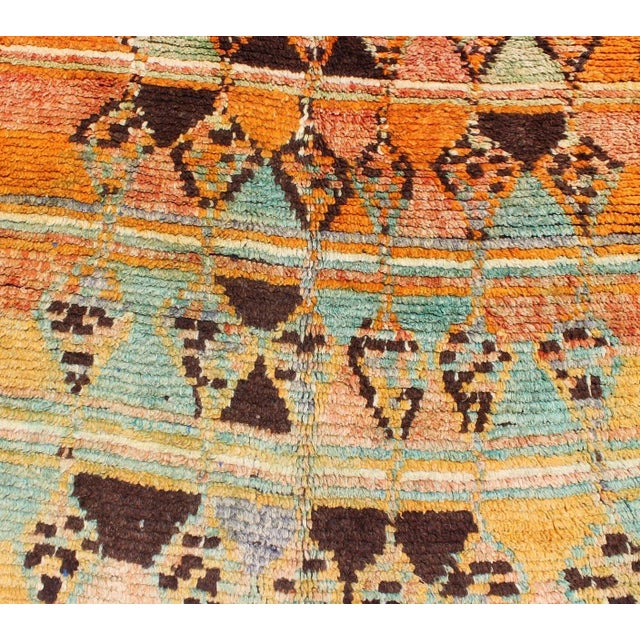 Mid 20th Century Long Vintage Moroccan Runner With Tribal Design in Orange, Brown, Blue and Green For Sale - Image 4 of 13