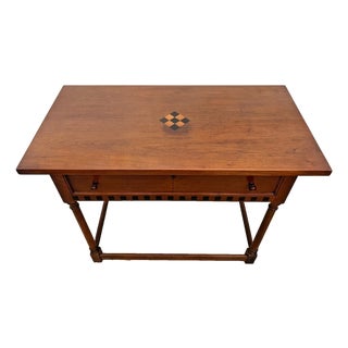 Vintage Writing Table, Desk, Large Drawer, Checkerboard Inlay, Sheraton Style For Sale