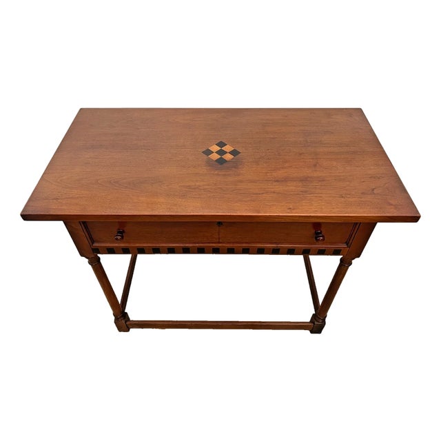 Vintage Writing Table, Desk, Large Drawer, Checkerboard Inlay, Sheraton Style For Sale