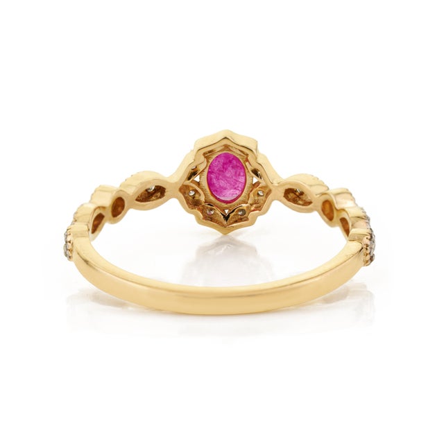 Oval Cut Ruby & Diamond Floral Halo Vintage Ring Size 8 in 14k Yellow Gold For Sale - Image 9 of 15