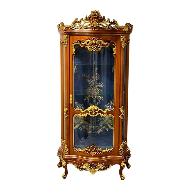 Elegant French Louis XV Showcase Cabinet With Curved Design, Gold Leaf & Hand-Painted Artwork For Sale